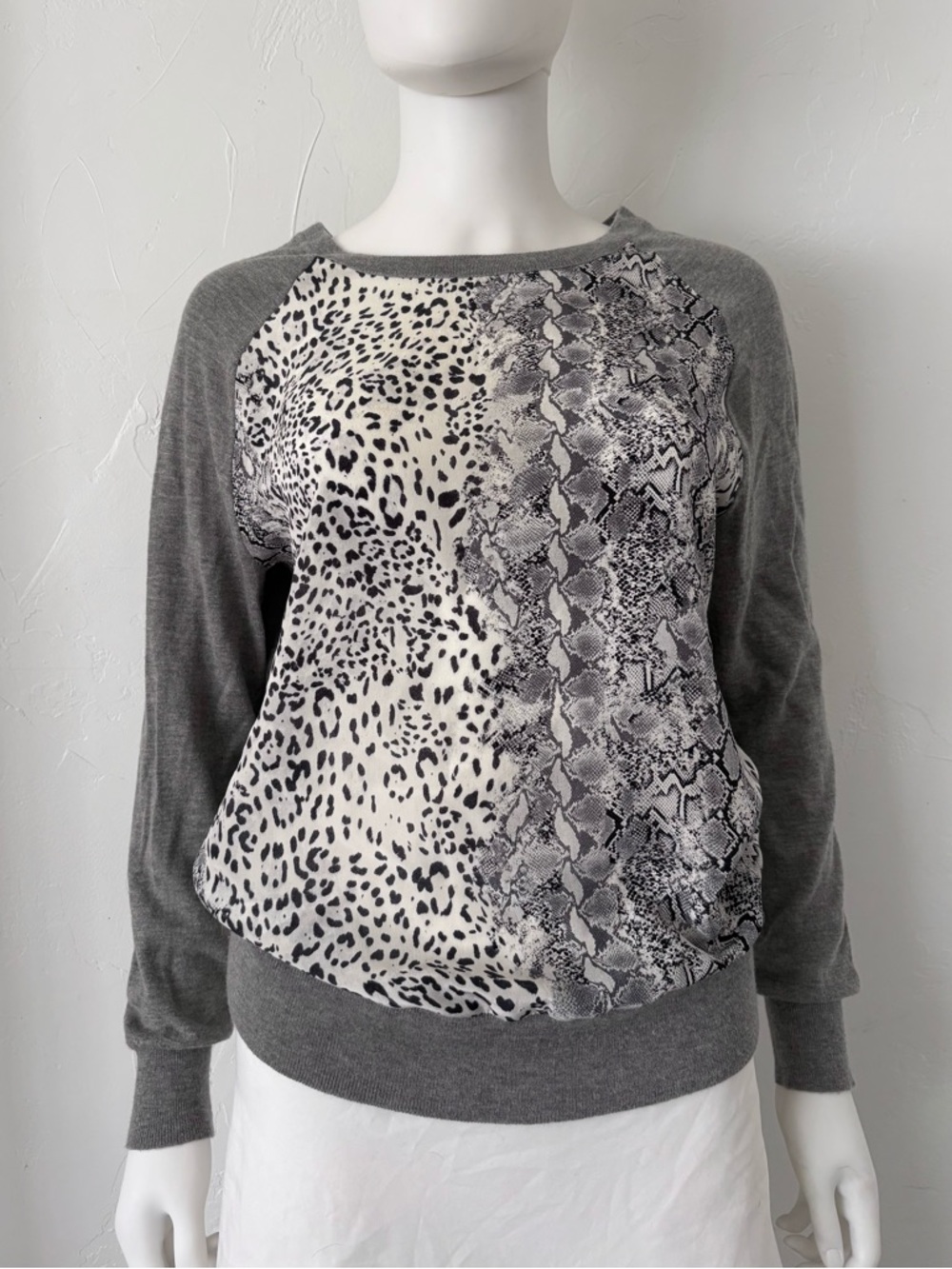 Joie Gray Mixed Animal-Print Raglan Sweater